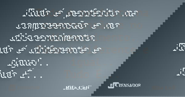 Tudo é perfeito na compreensão e no discernimento. Tudo é diferente e igual.. Tudo É...... Frase de Rita Celi.