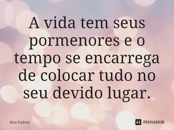 ⁠A vida tem seus pormenores e o tempo se encarrega de colocar tudo no seu devido lugar.... Frase de Rita Padoin.