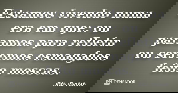Estamos vivendo numa era em que: ou paramos para refletir ou seremos esmagados feito moscas.... Frase de Rita Padoin.