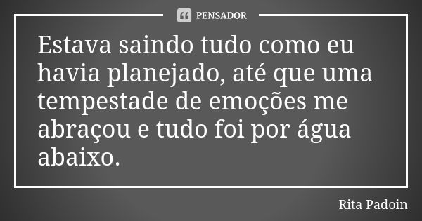 Estava saindo tudo como eu havia planejado, até que uma tempestade de emoções me abraçou e tudo foi por água abaixo.... Frase de Rita Padoin.