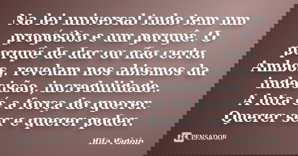 Na lei universal tudo tem um propósito e um porquê. O porquê de dar ou não certo. Ambos, revelam nos abismos da indecisão, incredulidade. A luta é a força do qu... Frase de Rita Padoin.