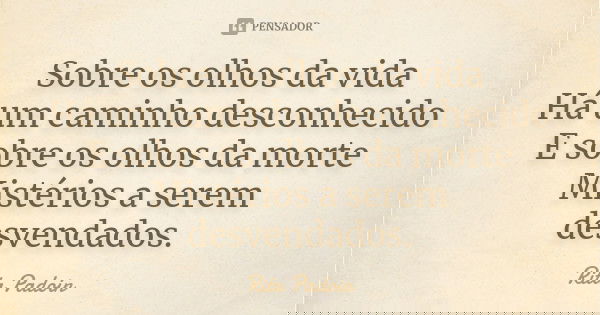 Sobre os olhos da vida
Há um caminho desconhecido
E sobre os olhos da morte
Mistérios a serem desvendados.... Frase de Rita Padoin.