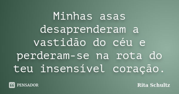 Minhas asas desaprenderam a vastidão do céu e perderam-se na rota do teu insensível coração.... Frase de Rita Schultz.