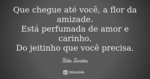 Que chegue até você, a flor da amizade.
Está perfumada de amor e carinho.
Do jeitinho que você precisa.... Frase de Rita Simões.