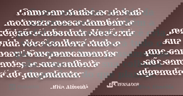 Como em todas as leis da natureza nessa também a perfeição é absoluta.Você cria sua vida.Você colherá tudo o que semear! Seus pensamentos são sementes, e sua co... Frase de Riva Almeida.