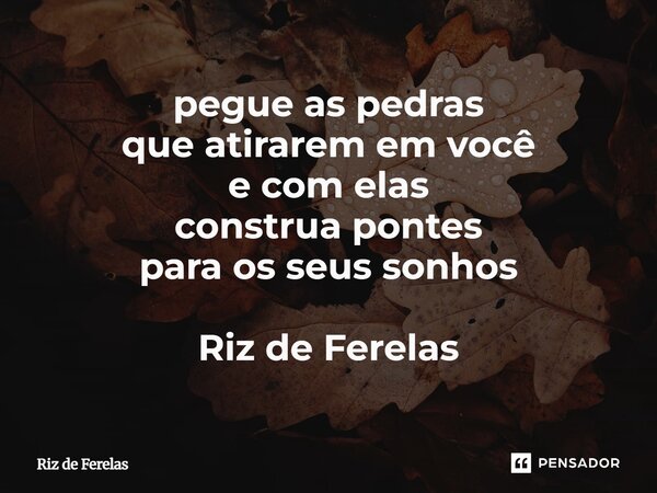 ⁠pegue as pedras que atirarem em você e com elas construa pontes para os seus sonhos Riz de Ferelas... Frase de Riz de Ferelas.