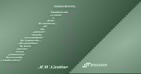 INDESCRITÍVEL Amadurecem as horas à beira do anoitecer... Há um mistério tatuado no semblante do crepúsculo... Das metáforas do poeta nascem versos prematuros d... Frase de R.M. Cardoso.