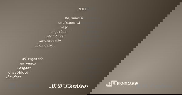 NOITE Da janela entreaberta vejo o galopar das horas no estirão da noite... Os rangidos do vento rasgam o silêncio lá fora.... Frase de R.M. Cardoso.