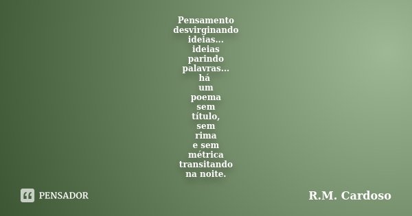 Pensamento desvirginando ideias... ideias parindo palavras... há um poema sem título, sem rima e sem métrica transitando na noite.... Frase de R.M. Cardoso.