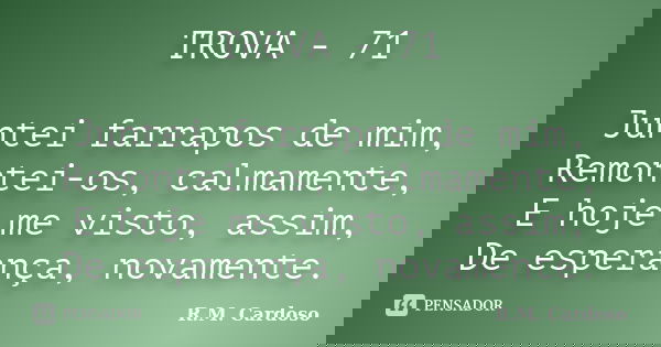 TROVA - 71 Juntei farrapos de mim, Remontei-os, calmamente, E hoje me visto, assim, De esperança, novamente.... Frase de R.M. cardoso.