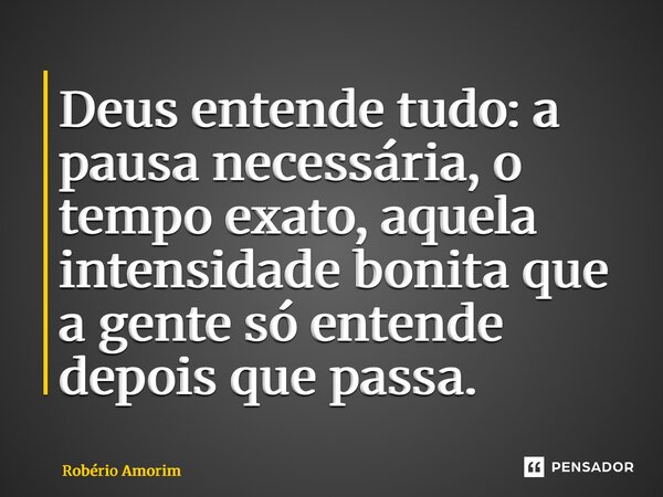 ⁠Deus entende tudo: a pausa necessária, o tempo exato, aquela intensidade bonita que a gente só entende depois que passa.... Frase de Robério Amorim.