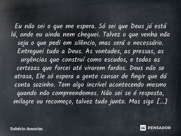 Eu não sei o que me espera. Só sei que Deus já está lá, onde eu ainda nem cheguei. Talvez o que venha não seja o que pedi em silêncio, mas será o necessário. E... Frase de Robério Amorim.