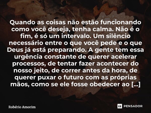 Quando as coisas não estão funcionando como você deseja, tenha calma. Não é o fim, é só um intervalo. Um silêncio necessário entre o que você pede e o que Deus... Frase de Robério Amorim.