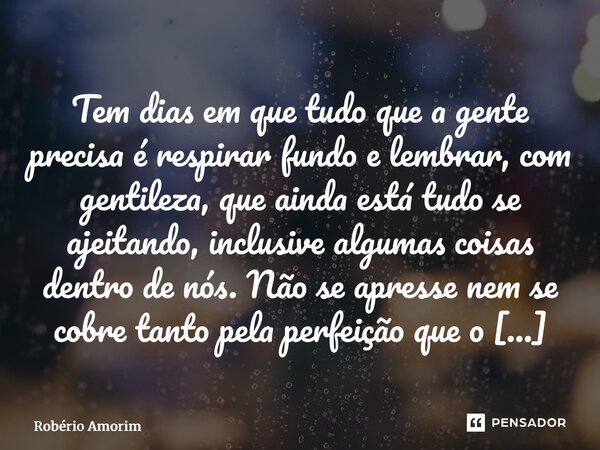 Tem dias em que tudo que a gente precisa é respirar fundo e lembrar, com gentileza, que ainda está tudo se ajeitando, inclusive algumas coisas dentro de nós. N... Frase de Robério Amorim.