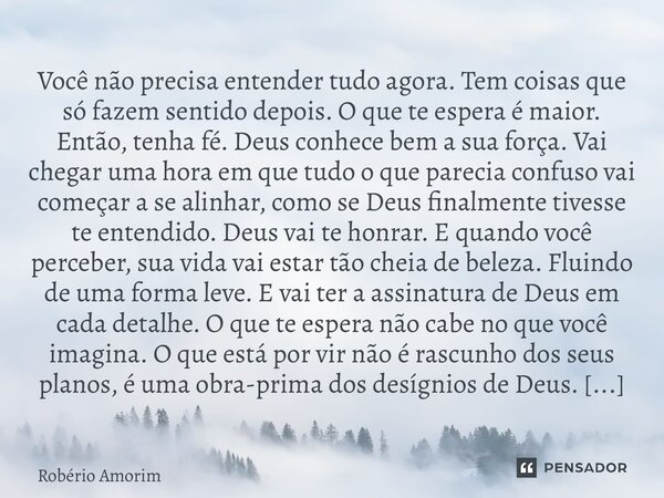 Você não precisa entender tudo agora. Tem coisas que só fazem sentido depois. O que te espera é maior. Então, tenha fé. Deus conhece bem a sua força. Vai chega... Frase de Robério Amorim.