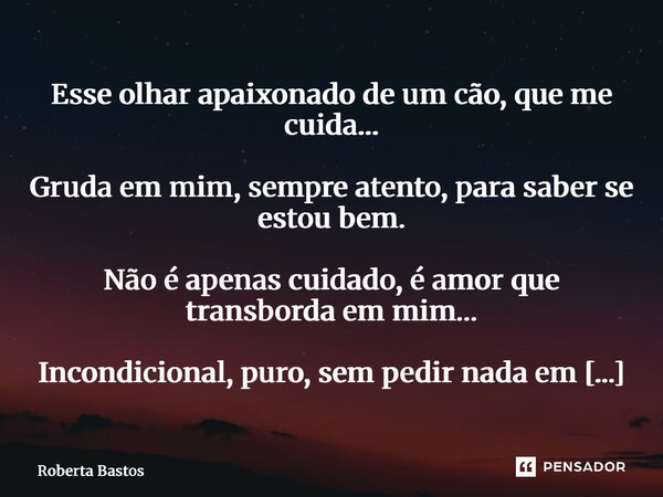 Esse olhar apaixonado de um cão, que me cuida… Gruda em mim, sempre atento, para saber se estou bem. Não é apenas cuidado, é amor que transborda em mim… Incond... Frase de Roberta Bastos.