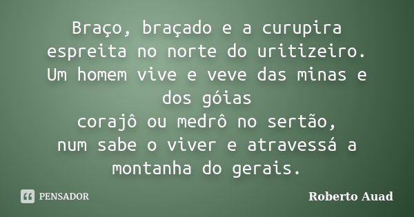 Braço, braçado e a curupira espreita no norte do uritizeiro. Um homem vive e veve das minas e dos góias corajô ou medrô no sertão, num sabe o viver e atravessá ... Frase de Roberto Auad.