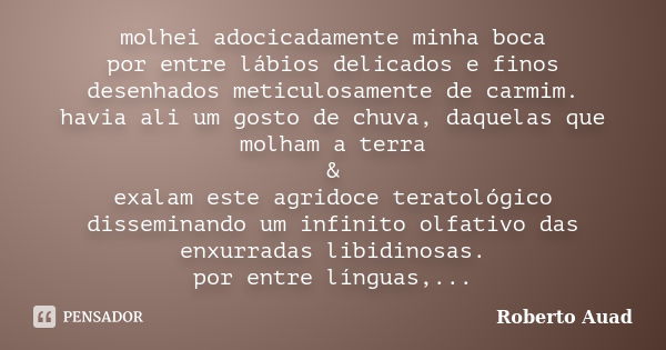 molhei adocicadamente minha boca por entre lábios delicados e finos desenhados meticulosamente de carmim. havia ali um gosto de chuva, daquelas que molham a ter... Frase de roberto auad.