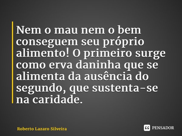 ⁠Nem o mau nem o bem conseguem seu próprio alimento! O primeiro surge como erva daninha que se alimenta da ausência do segundo, que sustenta-se na caridade.... Frase de Roberto Lazaro Silveira.