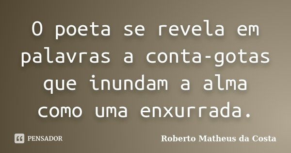 O poeta se revela em palavras a conta-gotas que inundam a alma como uma enxurrada.... Frase de Roberto Matheus da Costa.