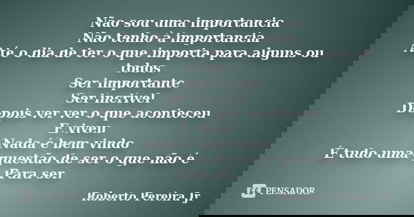 Não sou uma importancia Não tenho à importancia Até o dia de ter o que importa para alguns ou todos Ser importante Ser incrivel Depois ver ver o que aconteceu E... Frase de Roberto Pereira Jr.