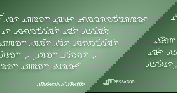 É no amor que encontramos o sentido da vida, Sem amor não ha sentido de viver , por isso , vivo por amar você... Frase de Roberto S. Delfim.