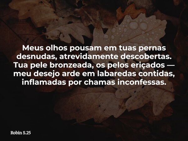 Meus olhos pousam em tuas pernas desnudas, atrevidamente descobertas. Tua pele bronzeada, os pelos eriçados — meu desejo arde em labaredas contidas, inflamadas ... Frase de Robin S.25.