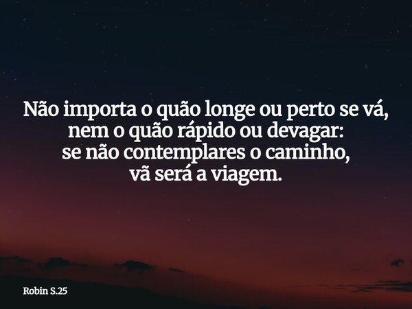 Não importa o quão longe ou perto se vá, nem o quão rápido ou devagar: se não contemplares o caminho, vã será a viagem.... Frase de Robin S.25.