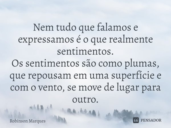 ⁠Nem tudo que falamos e expressamos é o que realmente sentimentos. Os sentimentos são como plumas, que repousam em uma superfície e com o vento, se move de luga... Frase de Robinson Marques.