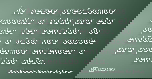 Às vezes precisamos sacudir a vida pra ela poder ter sentido. Ou então a vida nos sacode pra podermos entender o sentido dela.... Frase de Rob Kenede Santos de Jesus.