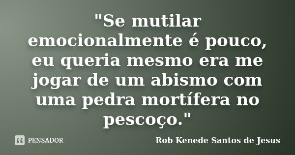 "Se mutilar emocionalmente é pouco, eu queria mesmo era me jogar de um abismo com uma pedra mortífera no pescoço."... Frase de Rob Kenede Santos de Jesus.