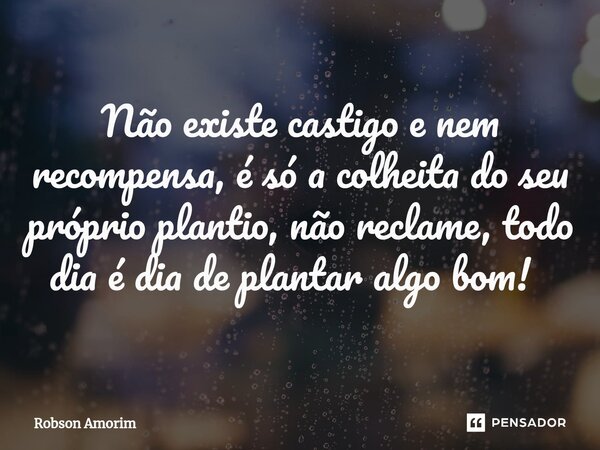 Não existe castigo e nem recompensa, é só a colheita do seu próprio plantio, não reclame, todo dia é dia de plantar algo bom!⁠... Frase de Robson Amorim.