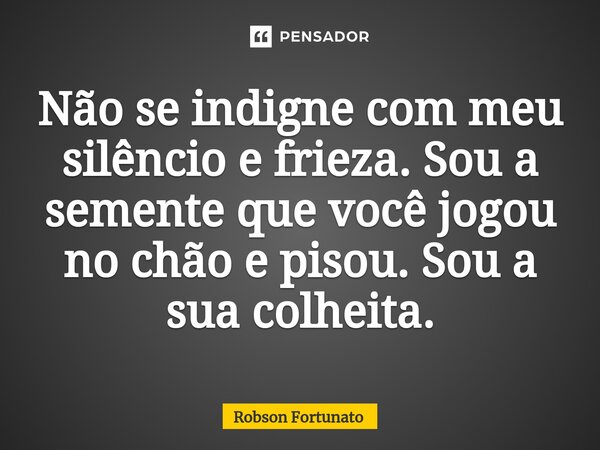 ⁠Não se indigne com meu silêncio e frieza. Sou a semente que você jogou no chão e pisou. Sou a sua colheita.... Frase de Robson Fortunato.