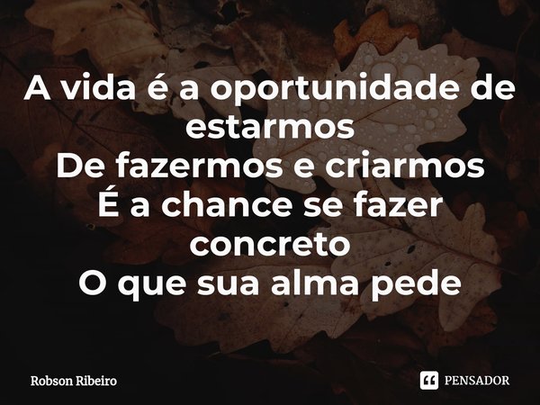 ⁠A vida é a oportunidade de estarmos
De fazermos e criarmos
É a chance se fazer concreto
O que sua alma pede... Frase de Robson Ribeiro.