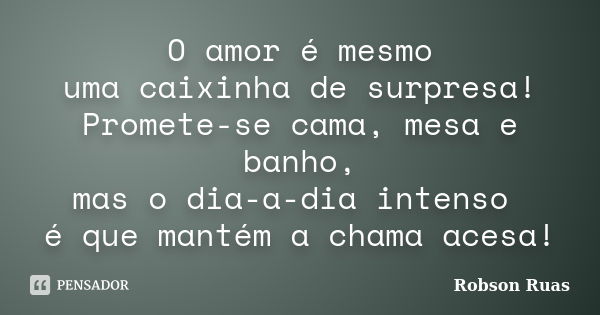 O amor é mesmo uma caixinha de surpresa! Promete-se cama, mesa e banho, mas o dia-a-dia intenso é que mantém a chama acesa!... Frase de Robson Ruas.