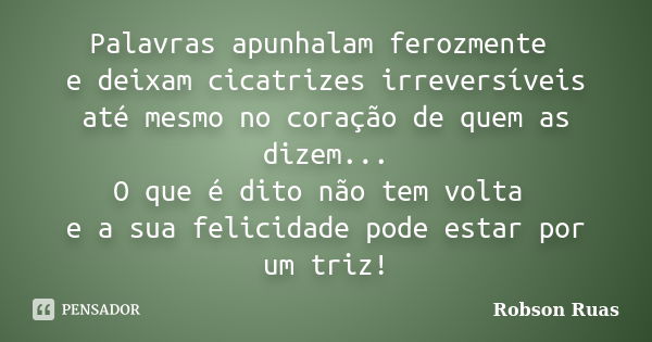 Palavras apunhalam ferozmente e deixam cicatrizes irreversíveis até mesmo no coração de quem as dizem... O que é dito não tem volta e a sua felicidade pode esta... Frase de Robson Ruas.