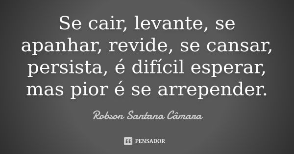 Se cair, levante, se apanhar, revide, se cansar, persista, é difícil esperar, mas pior é se arrepender.... Frase de Robson Santana Câmara.