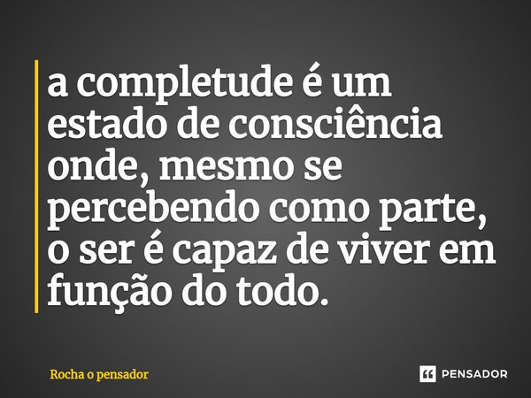 ⁠a completude é um estado de consciência onde, mesmo se percebendo como parte, o ser é capaz de viver em função do todo.... Frase de Rocha o pensador.