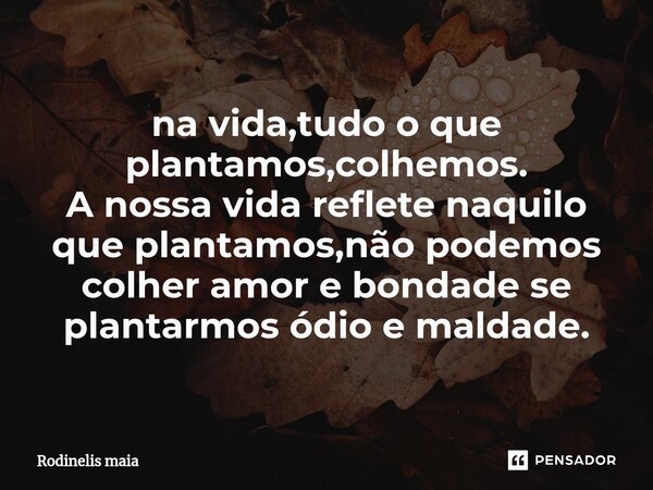 ⁠na vida,tudo o que plantamos,colhemos. A nossa vida reflete naquilo que plantamos,não podemos colher amor e bondade se plantarmos ódio e maldade.... Frase de Rodinelis maia.