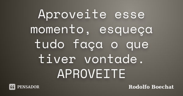 Aproveite esse momento, esqueça tudo faça o que tiver vontade. APROVEITE... Frase de Rodolfo Boechat.