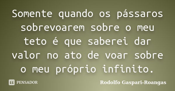 Somente quando os pássaros sobrevoarem sobre o meu teto é que saberei dar valor no ato de voar sobre o meu próprio infinito.... Frase de Rodolfo Gaspari-Roangas.