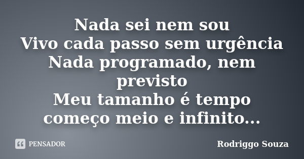 Nada sei nem sou Vivo cada passo sem urgência Nada programado, nem previsto Meu tamanho é tempo começo meio e infinito...... Frase de Rodriggo Souza.