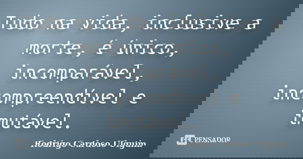 Tudo na vida, inclusive a morte, é único, incomparável, incompreendível e imutável.... Frase de Rodrigo Cardoso Ulguim..