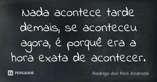 Nada acontece tarde demais, se aconteceu agora, é porquê era a hora exata de acontecer.... Frase de Rodrigo dos Reis Andrade.