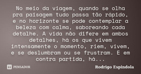 No meio da viagem, quando se olha pra paisagem tudo passa tão rápido, e no horizonte se pode contemplar a beleza com calma, saboreando cada detalhe. A vida não ... Frase de Rodrigo Espindola.