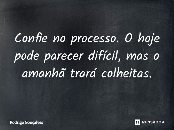 ⁠Confie no processo. O hoje pode parecer difícil, mas o amanhã trará colheitas.... Frase de Rodrigo gonçalves.