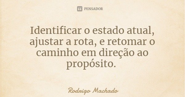Identificar o estado atual, ajustar a rota, e retomar o caminho em direção ao propósito.... Frase de Rodrigo Machado.