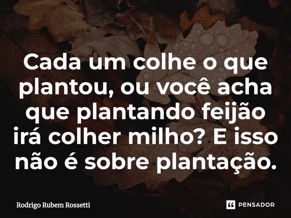 Cada um colhe o que plantou, ou você acha que plantando feijão irá colher milho⁠? E isso não é sobre plantação.... Frase de Rodrigo Rubem Rossetti.