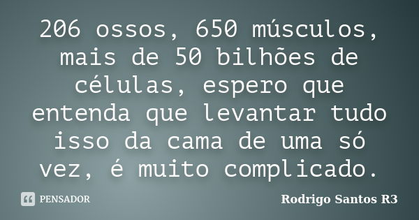 206 ossos, 650 músculos, mais de 50 bilhões de células, espero que entenda que levantar tudo isso da cama de uma só vez, é muito complicado.... Frase de Rodrigo Santos R3.