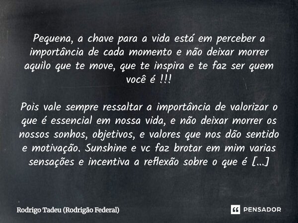 Pequena, a chave para a vida está em perceber a importância de cada momento e não deixar morrer aquilo que te move, que te inspira e te faz ser quem você é !!!... Frase de Rodrigo Tadeu (Rodrigão Federal).